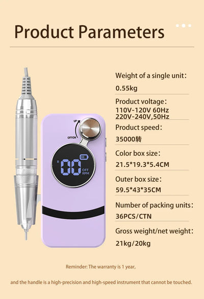35000RPM Rechargeable Electric Nail Drill – Portable Professional File for Acrylic & Gel Nails